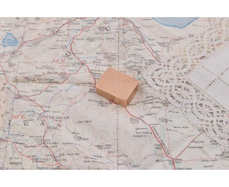 A rectangular 9ct gold pill box, 3cm x 2.5cm, 9.9gThis bears a British hallmark for Assayed in Chester. Condition good if bei