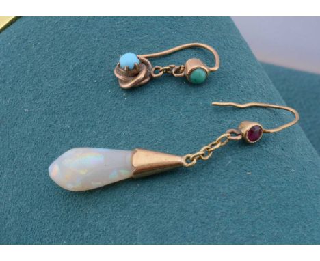 An opal drop earring, 4.6cm and a turquoise drop earring 2.3cm, 2.5g (2)