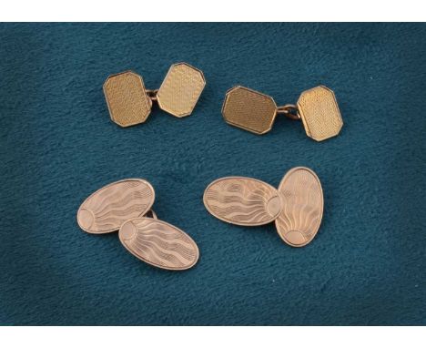Two pairs of 9ct gold cufflinks, an oval pair with sunburst design, 1.8cm x 1.1cm and an octagonal pair with engine turned de