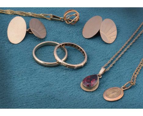 A small quantity of 9ct gold, including a gold diamond set eternity, ring size L, a 9ct gold wedding band, ring size N, Birmi
