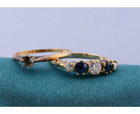 A yellow metal sapphire and diamond five stone dress ring, in claw setting, on a yellow metal shank, apparently unmarked, rin
