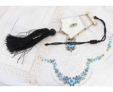 A continental guilloche enamelled handbag shape compact, having white guilloche enamel decoration with relief pierced and sto