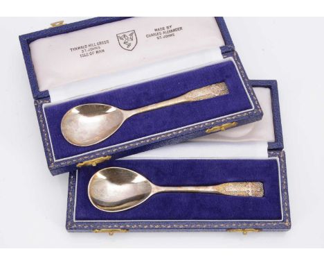 Two Boxed Isle of Man Silver Spoons, by Charles Alexander Each weighing 1.07 ozt, Christening Spoon design, decorated with Ce