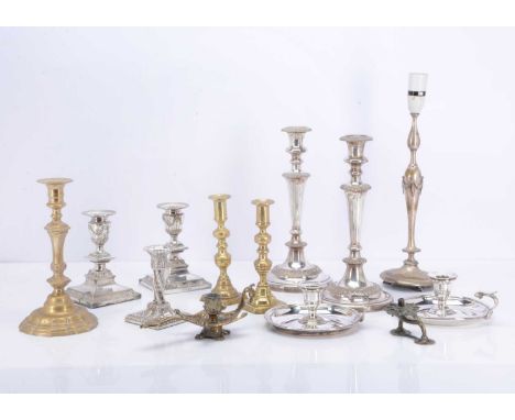 A Collection of Various Candle Sticks,  Including a short silver filled candle stick, AF a pair of chamber sticks, a pair of 