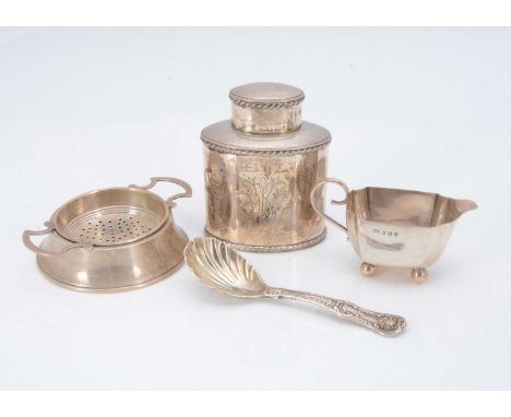 Four Victorian and Later Silver Tea Related Items Comprising of; Caddy Spoon, London 1844, by George Adam; Tea strainer, Milk