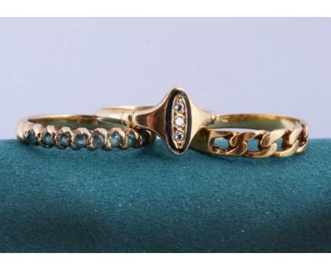 Three gold rings, including a continental 14K marked diamond and enamel dress ring, the three small brilliant cuts set in an 