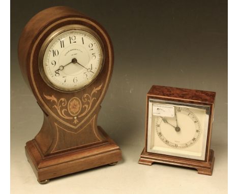 An Edwardian mahogany inlaid balloon shaped mantel timepiece, Stewart Dawson &amp; Co Ltd, London, circular white enamel dial