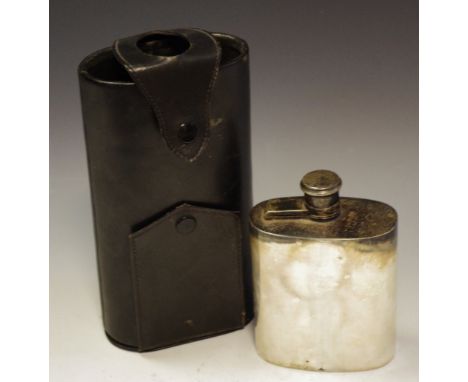 A silver plated hip flask, leather casing, c.1930