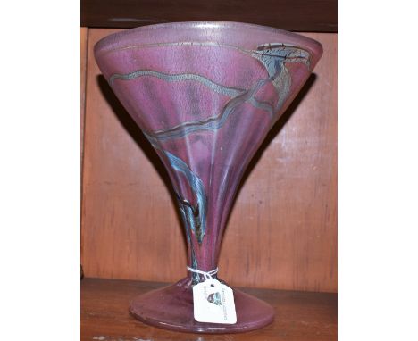 A Studio Glass trumpet-shaped vase, by J.C. Novaro, signed, in the Art Nouveau manner, the mottled pink ground swirled with b