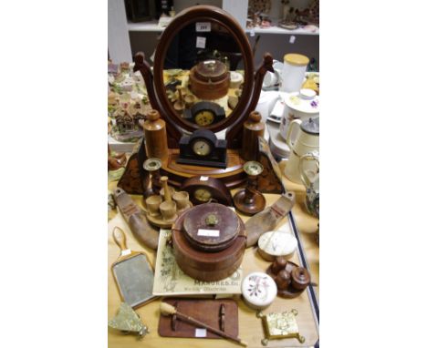 Boxes &amp; Objects - a Victorian oval dressing mirror; poker work bookends; pietra dura trinket boxes; miniature mantel cloc