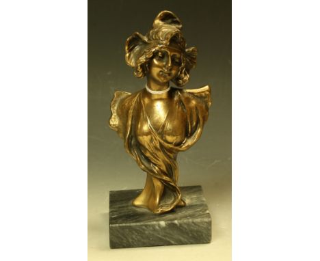 Henri Jacobs, after, a bronze coloured Art Nouveau style Bust of a Maiden, veined marble base, approx 17.5cm high overall