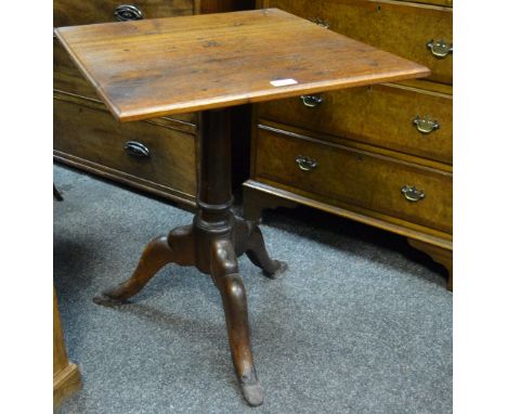 A 19th Century oak tilt top tripod table, column base, square top approx 54cm 