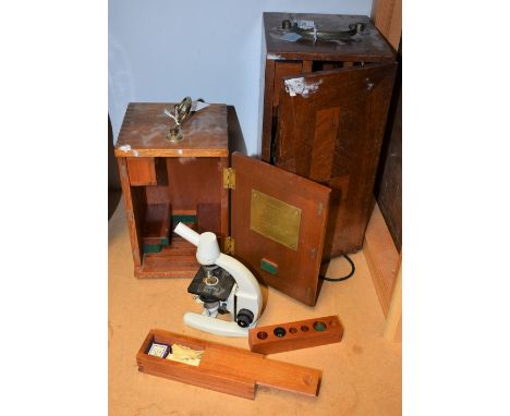 Scientific Instruments - a Vickers monocular microscope, three objectives on a rotating plate, sub-stage condenser, hardwood 