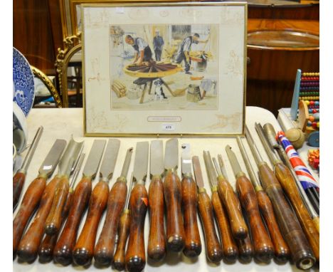 Tools - Wood Working - various Henry Taylor Diamic substantial lathe/turning chisels; wheelwright print  