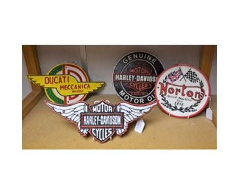 A reproduction cast metal advertising sign, Harley Davidson; another, similar; others, Norton and Ducati (4)