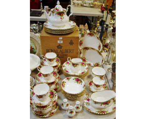 Royal Albert Old Country Roses tea and dinner ware including teapot, teacups and saucers, dessert bowls, dinner plates etc.