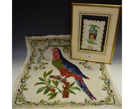 A Victorian needlework sampler, of a parrot, embroidered by Mary Elizabeth Hallas, 1865, 51cm x 49cm;  a Christmas card, fram
