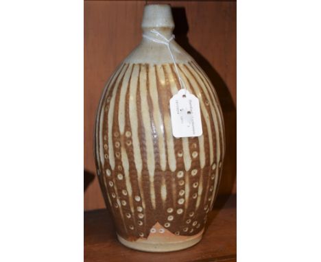 A salt glazed reeded ovoid lamp base, by Marianne de Trey, incised decoration as fronds of seaweed with rising bubbles, in br