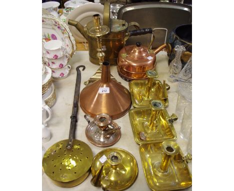 Copper and Brass - a copper kettle; a similar funnel: an electroplated copper chamber stick; a brass watering can; other bras
