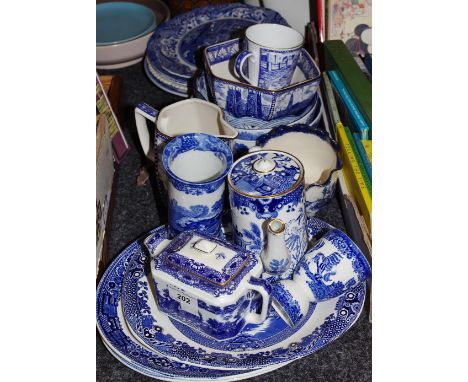 A Burleigh Ware blue and white transfer printed Willow pattern hot water jug; other similar Staffordshire transfer printed wa