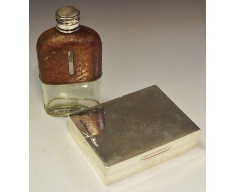 A silver cigarette box, Walker and Hall, Sheffield 1959; a leather mounted hip flask (2)