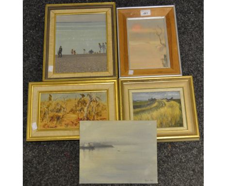 K Hockling, Pebbles, Dieppe, No 2, oil on board, 24cm x 19cm;  John Borrock, Trees, oil on board, 12.5cm x 23cm;  another, Su