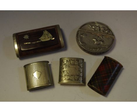 A Tartan Ware match holder; a white metal mounted burr wood snuff box the lid inlaid with white metal &amp; mother of pearl d
