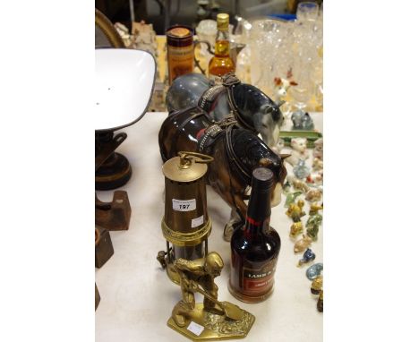 A brass Miners lamp; 2 large Sylvac models of shire horses; Glen Morangie whisky, etc