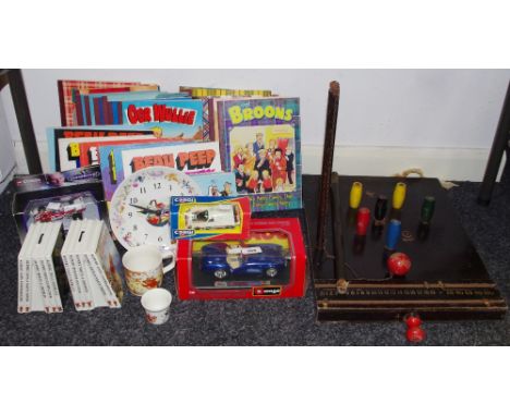 Juvenalia - a mid 20th century table skittles game; Wedgwood Rupert the Bear wall clock, money box bookends, egg cup &amp; mu