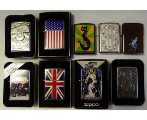 Zippos  - various including Harley Davidson Motor/Flag, no.205HD.H323, boxed; American Flag, no.20108, boxed; Union Jack, box