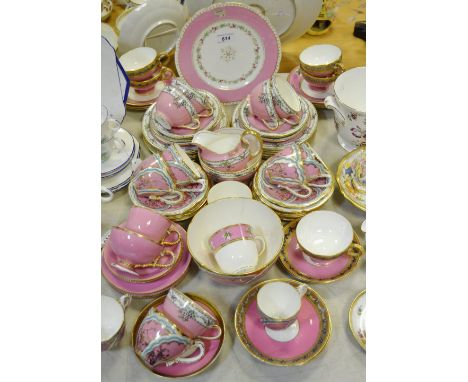 Ceramics - A cabinet plate, cups and saucers including Davenport, pink band with snowdrops; cups and saucers, pink, turquoise