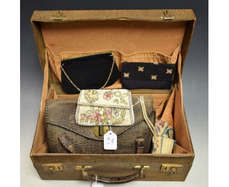 Ladies Accessories - a crocodile skin printed leather vanity case; a similar handbag; an Art Deco style beaded purse; another
