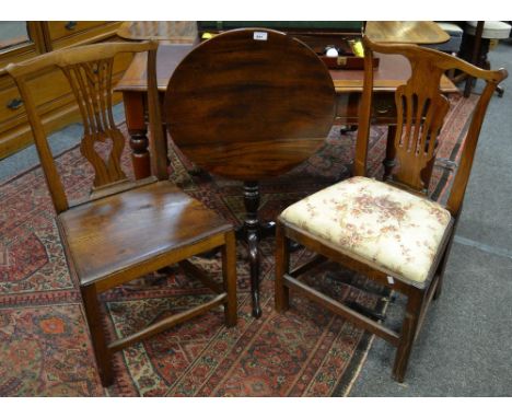 A 19th Century mahogany tilt top tripod table, pad feet; an elm country chair; another similar (3) 