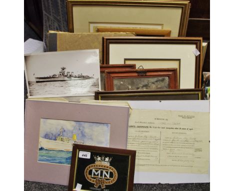 A portfolio of 20th century watercolours; two Art Deco mirrors; Navy Interest watercolour and reproduction images of Amazon; 