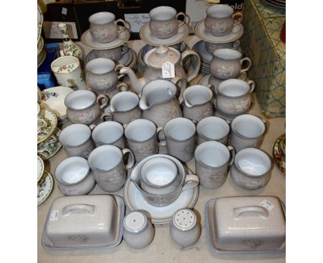 A Denby Tamsin pattern tea and coffee set, comprising cups and saucers, beakers, tea pot, hot water jug, milk and cream jugs,