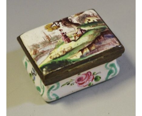 A George III South Staffordshire enamel rectangular snuff box, the hinged cover decorated with a couple in a picturesque land