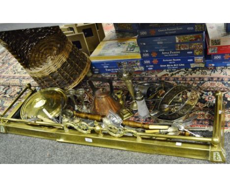 Metalware - a brass extending fire fender; a copper kettle; a brass warming pan; an EPNS three vase garniture; flatware; etc