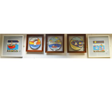 Pictures - a pair of novelty colourful seaside inspired pictures in relief; three Art Deco inspired wall plates, framed. (5)