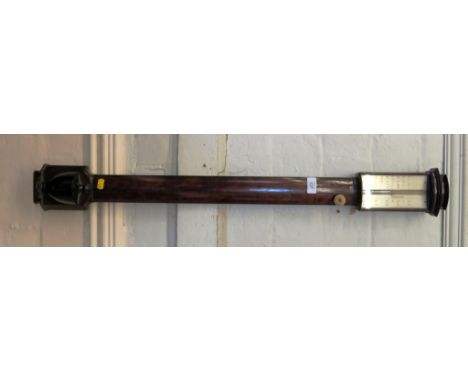 An early 19th century ebony strung mahogany bowfront stick barometer, the moulded top over a silvered scale and ivory adjusti