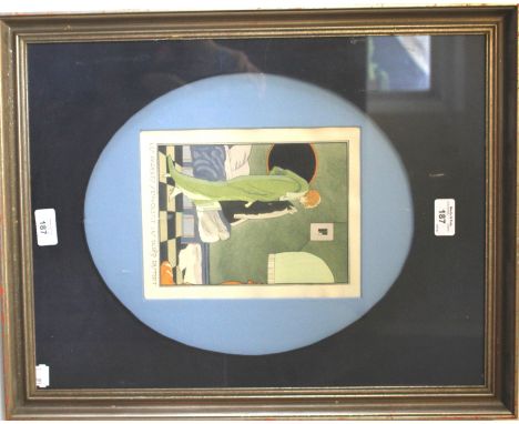 A 1920s French print of a lady searching a jacket pocket, incsribed 'Les Paroles S'envolent les Ecrits Restent', 23cm x 18cm