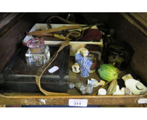 A Zorki 4 camera, various inkwells, ornaments and tools