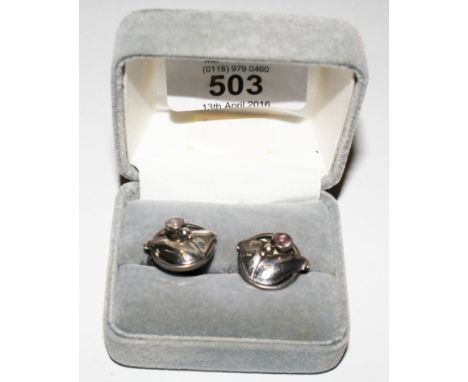 Georg Jensen vintage pair of sterling silver screw back earrings set with a small cabochon stone