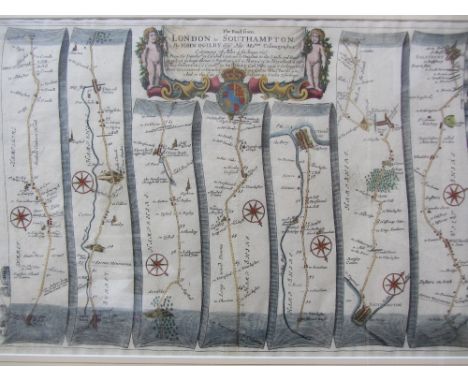 John OGILBY -   The Road from London to Southampton  . . .  33 x 48cms., hand-coloured, decorative cartouche title & 7 detail