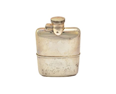 A silver spirit flask, of plain rectangular form, having a pull-off beaker base, maker Goldsmiths & Silversmiths Co Ltd, Lond