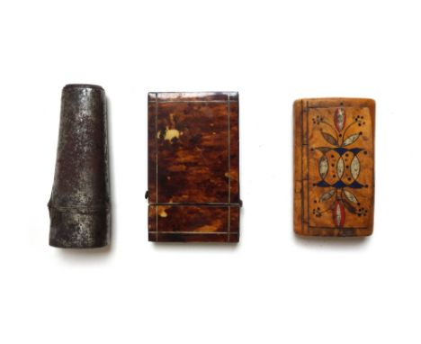 A steel cased etui, late 18th/early 19th century, of oval tapering form, containing various implements, 10cm long, together w