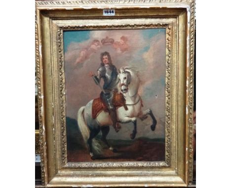 Follower of Sir Godfrey Kneller, Equestrian portrait of King Charles II, oil on canvas, 39cm x 28cm.  Illustrated