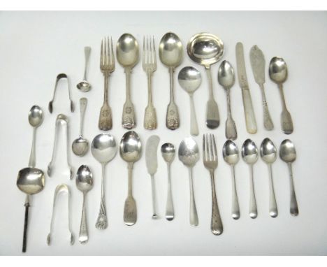 Silver table flatware, comprising; a Victorian fiddle pattern sauce ladle, London 1845, three pairs of sugar tongs and twenty