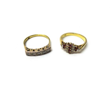 A gold and diamond set five stone ring, mounted with a row of circular cut diamonds, ring size L and a half and a gold, ruby 