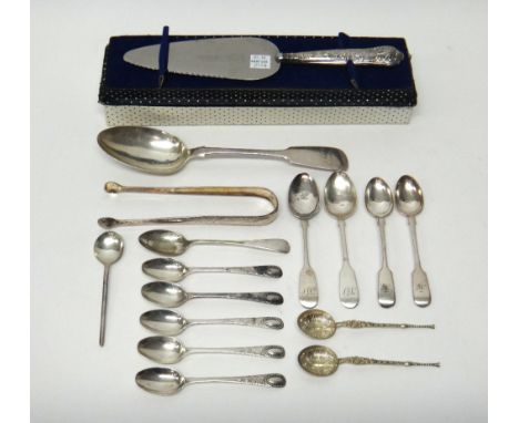 Silver flatware, comprising; a pair or Irish sugar tongs, having bright cut engraved decoration, circa 1800, a Victorian fidd