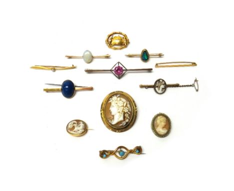 A gold bar brooch, claw set with an oval opal, a gold bar brooch, mounted with a seed pearl at the centre, detailed 18 CT, a 